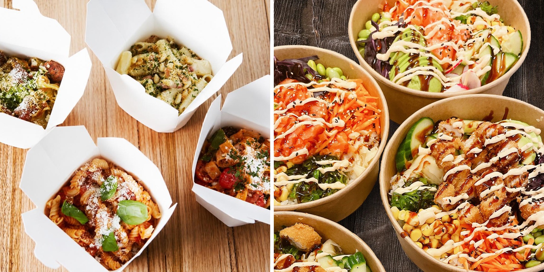 Pasta's in take-away boxen en kleurrijke pokébowls